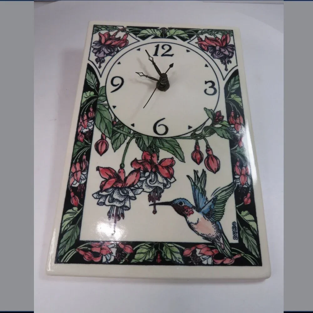 Hummingbird & Fuchsia Glazed Ceramic Tile Clock WORKS, Heavy